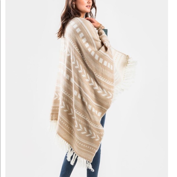 Beige Chevron Fringe Poncho - Picture 3 of 3